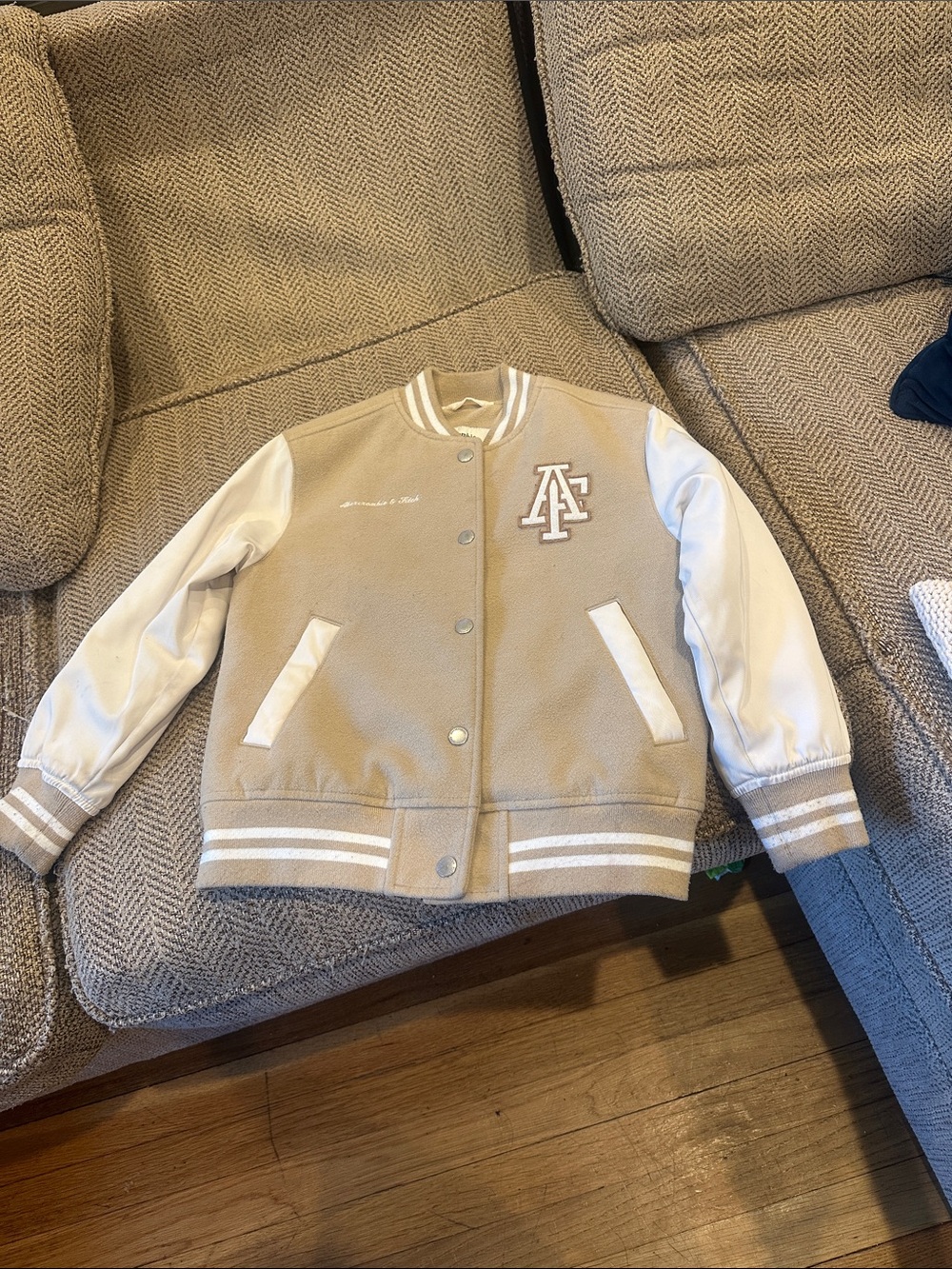 Abercrombie & Fitch Beige and White Kids Varsity Jacket